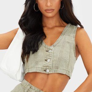 Pretty Little Thing Washed Khaki Denim Button Up Sleeveless Crop Top